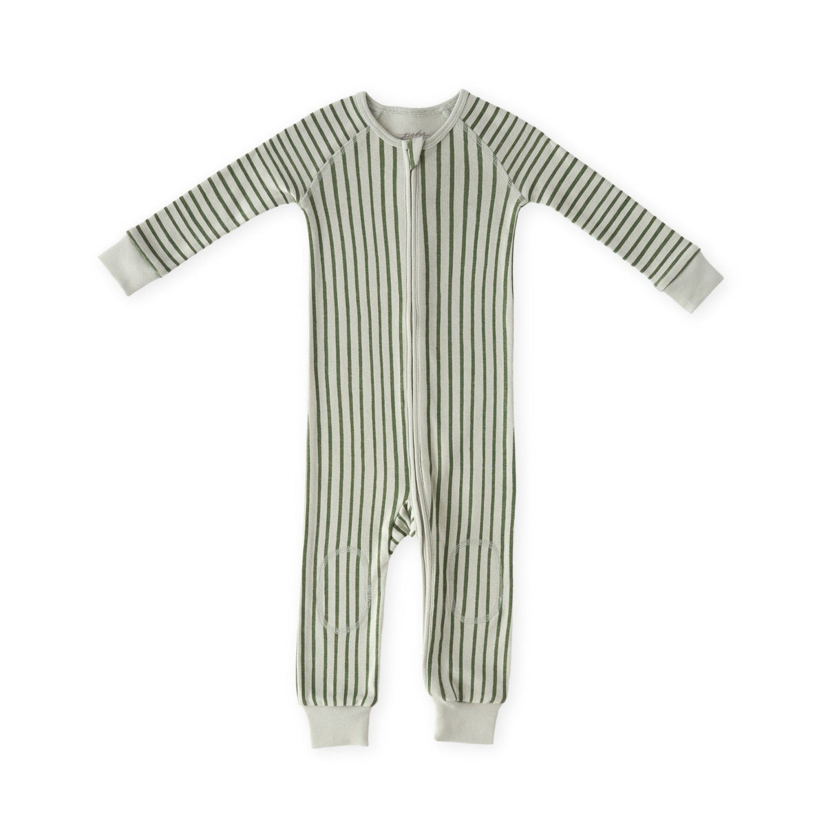 Front view of Ribbed Baby Footless Sleeper in Stripes Away Evergreen showcasing ribbed knit and two-way zipper on white background