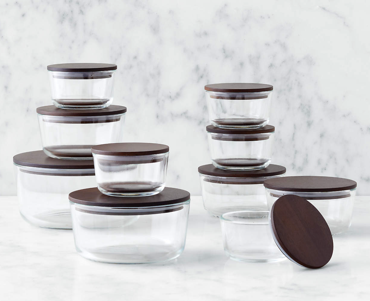Crate & Barrel 20-Piece Round Glass Storage Containers with Dark Wood Lids