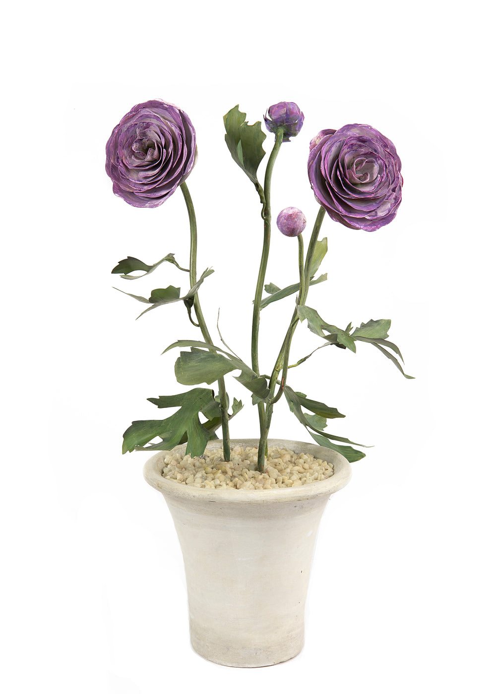 Front view of Tole Flower Standard Ranuculas with three hand-painted purple metal ranuncula blooms in a glazed terracotta pot on white background