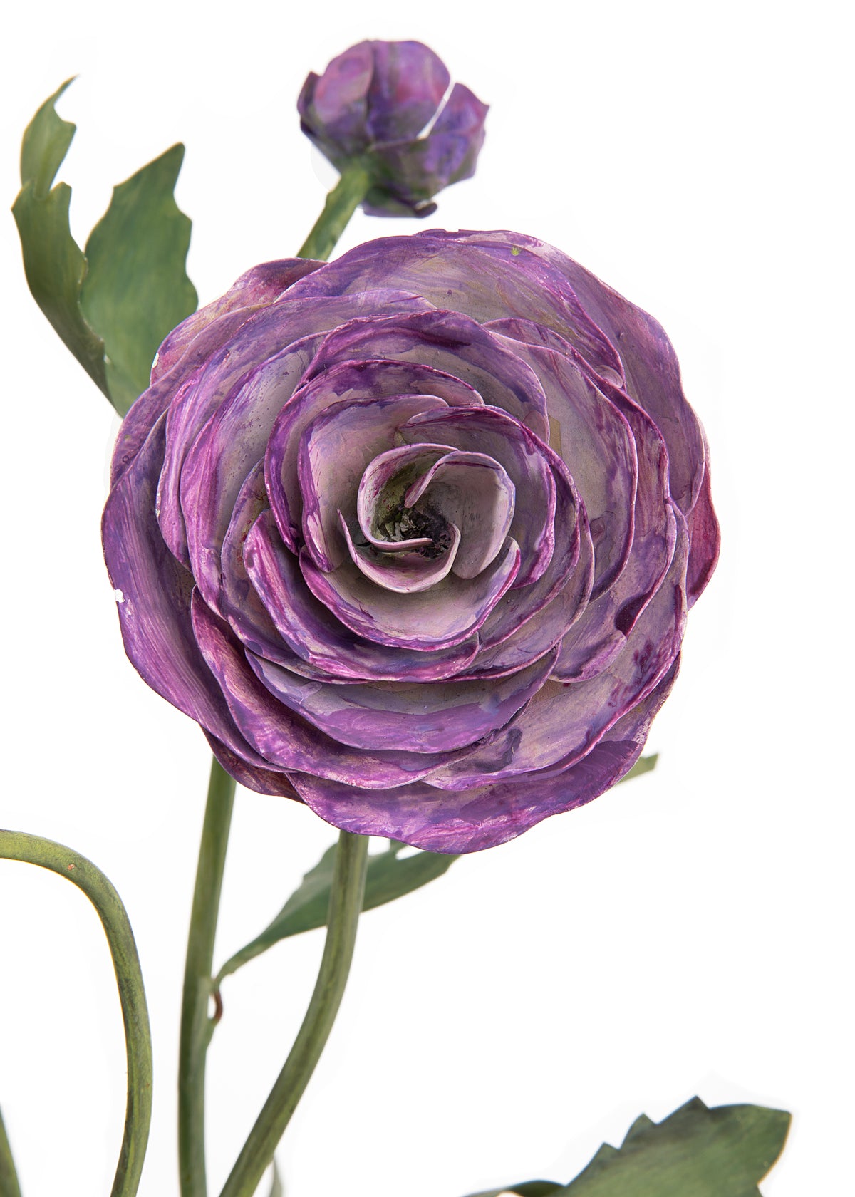 Close-up front view of a purple hand-painted metal ranunculus showing layered petals and painted texture on white background