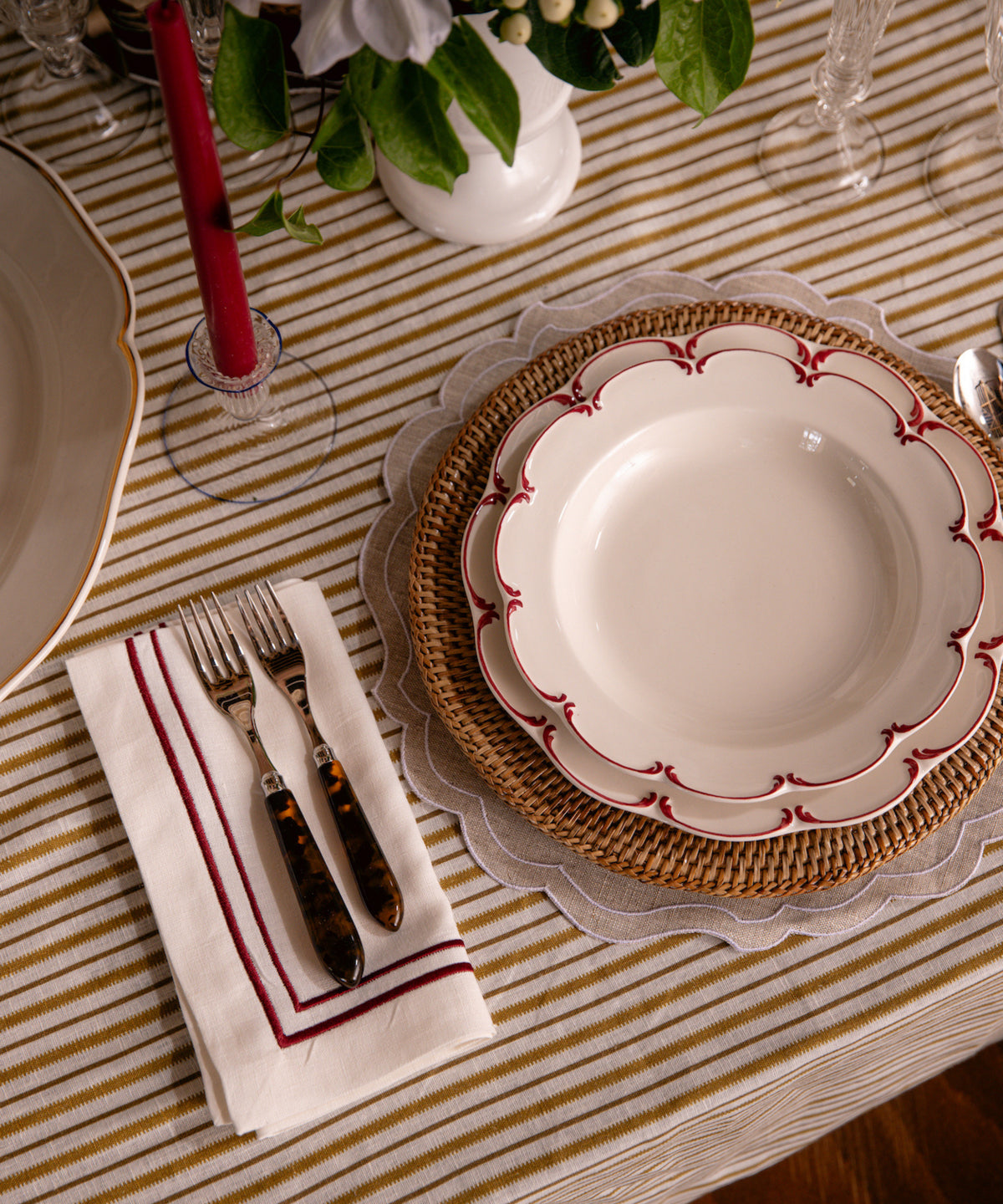 Rebecca Udall Sophie Classic Two Cord Napkin, Burgundy with Olivia Crockery