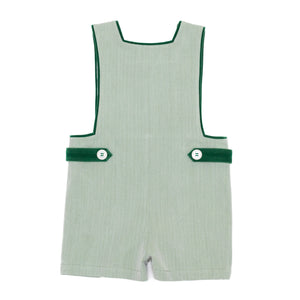 Henry Duvall classic baby boy jon jon in soft sage green herringbone, heirloom toddler outfit with shoulder buttons and stride snaps, inspired by English heritage style