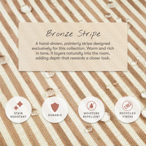 Bronze Stripe fabric graphic showing stain resistance, durability, moisture repellence, and recycled fibers