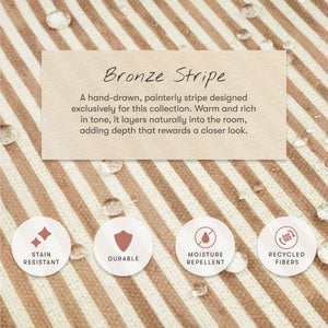 Bronze Stripe fabric graphic showing stain resistance, durability, moisture repellence, and recycled fibers