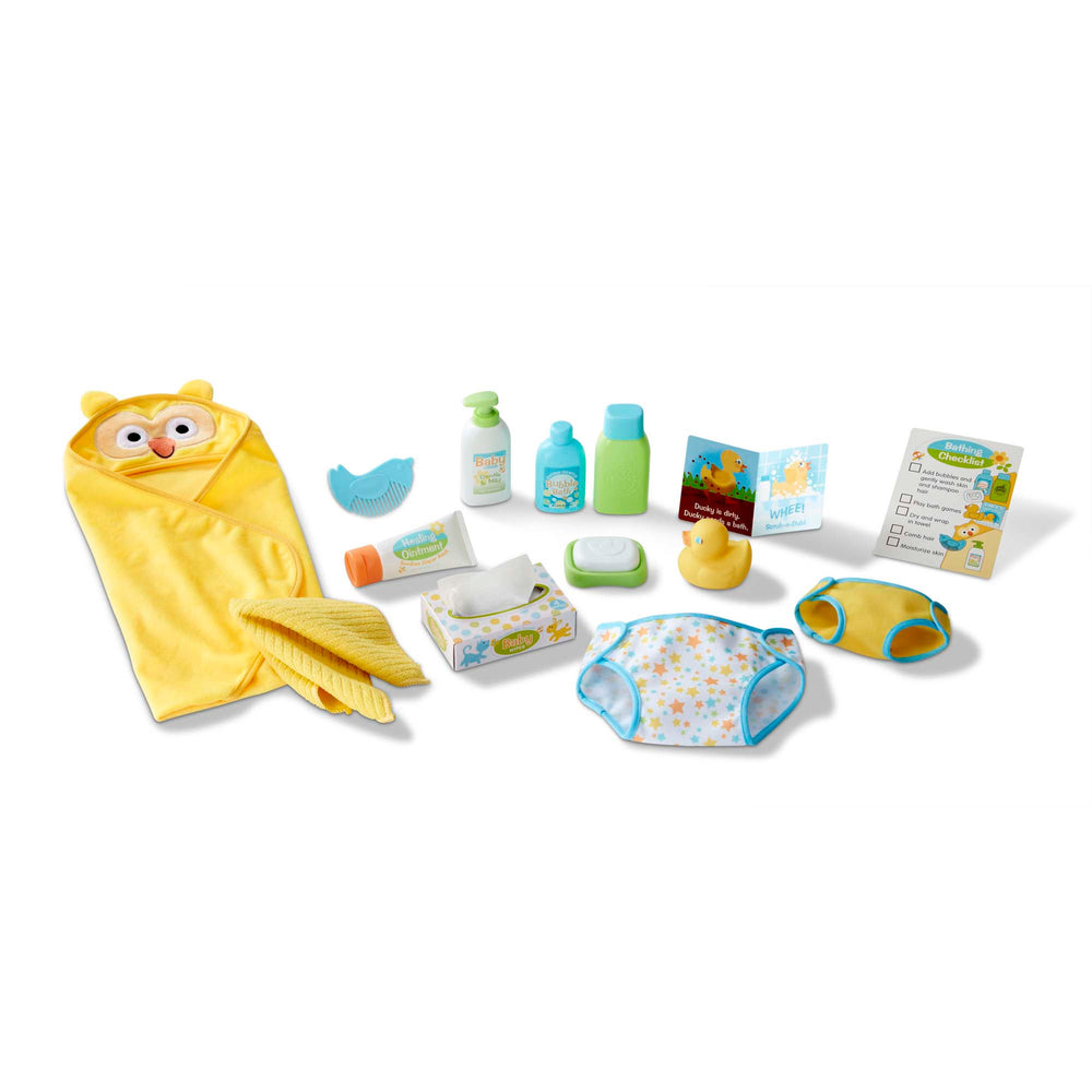 Mine-to-Love Changing & Bathtime Play Set with hooded owl towel, rubber duck, bottles, wipes and diapers on white background