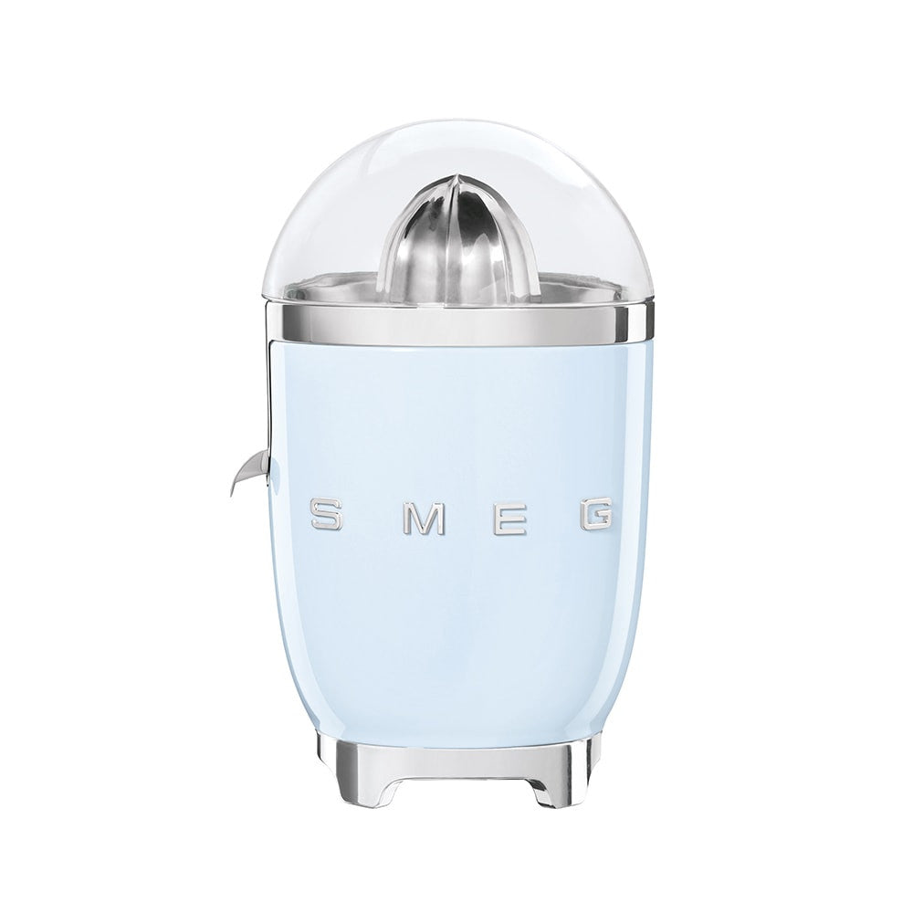 Front view of SMEG citrus juicer showcasing stainless-steel reamer, clear dome, and chrome accents on white background
