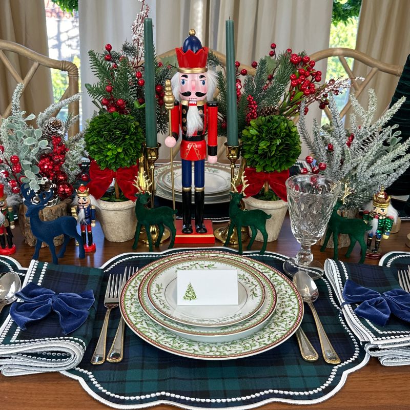 Black Watch Plaid placemat and napkin with white luxury embroidery.