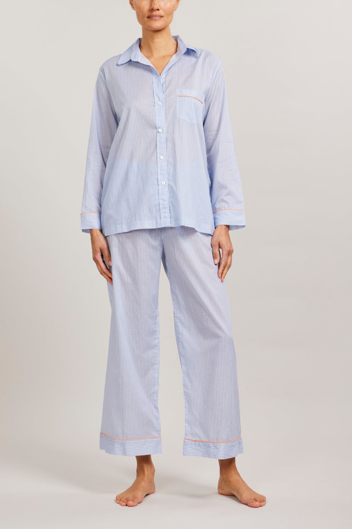 Long Sleeve PJ Set in Chambray Stripe Piped in Coral