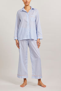 Long Sleeve PJ Set in Chambray Stripe Piped in Coral