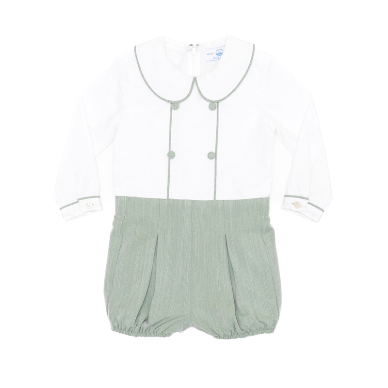 Classic baby boy bubble romper in sage green herringbone fabric, inspired by English heritage style, heirloom-quality traditional boys clothing for portraits, holidays, and special occasions