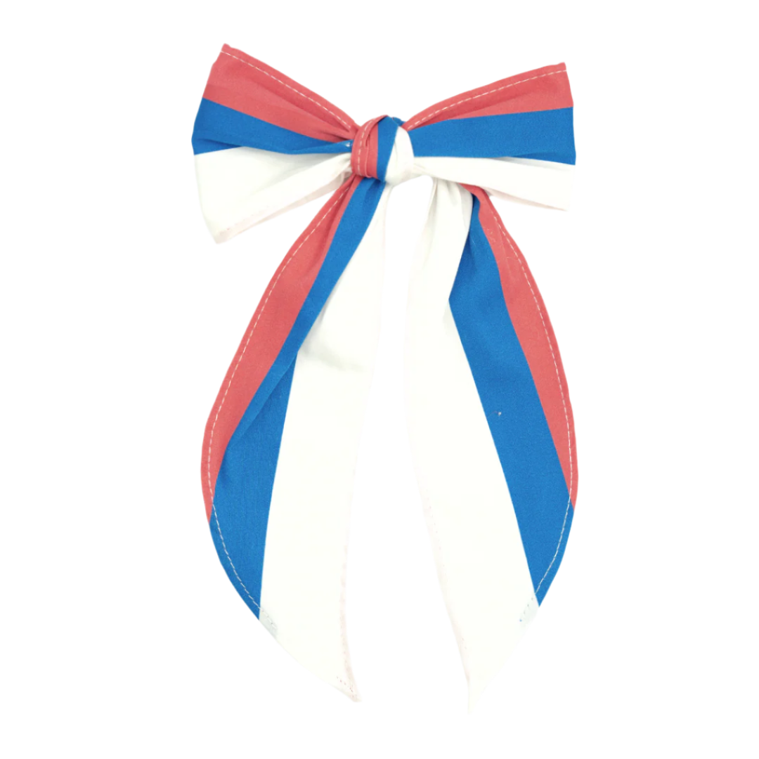 Front view of the Sarah Bow showcasing its red, blue, and white striped design on a white background