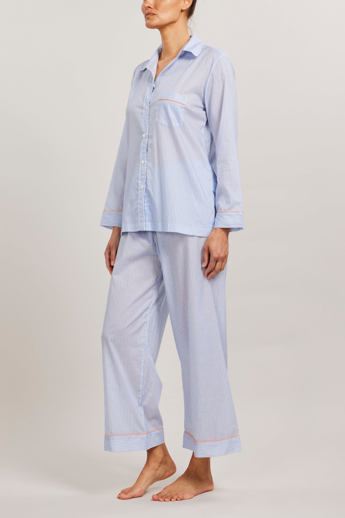 Long Sleeve PJ Set in Chambray Stripe Piped in Coral