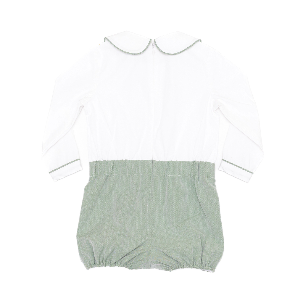 Classic baby boy bubble romper in sage green herringbone fabric, inspired by English heritage style, heirloom-quality traditional boys clothing for portraits, holidays, and special occasions