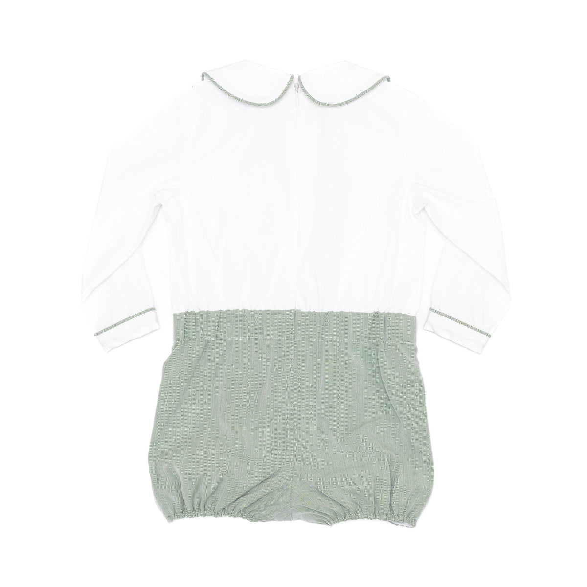 Classic baby boy bubble romper in sage green herringbone fabric, inspired by English heritage style, heirloom-quality traditional boys clothing for portraits, holidays, and special occasions
