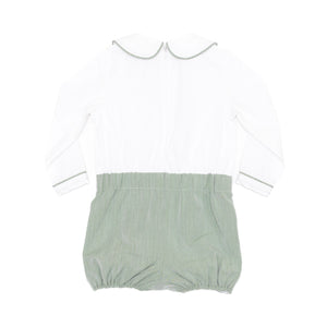 Classic baby boy bubble romper in sage green herringbone fabric, inspired by English heritage style, heirloom-quality traditional boys clothing for portraits, holidays, and special occasions