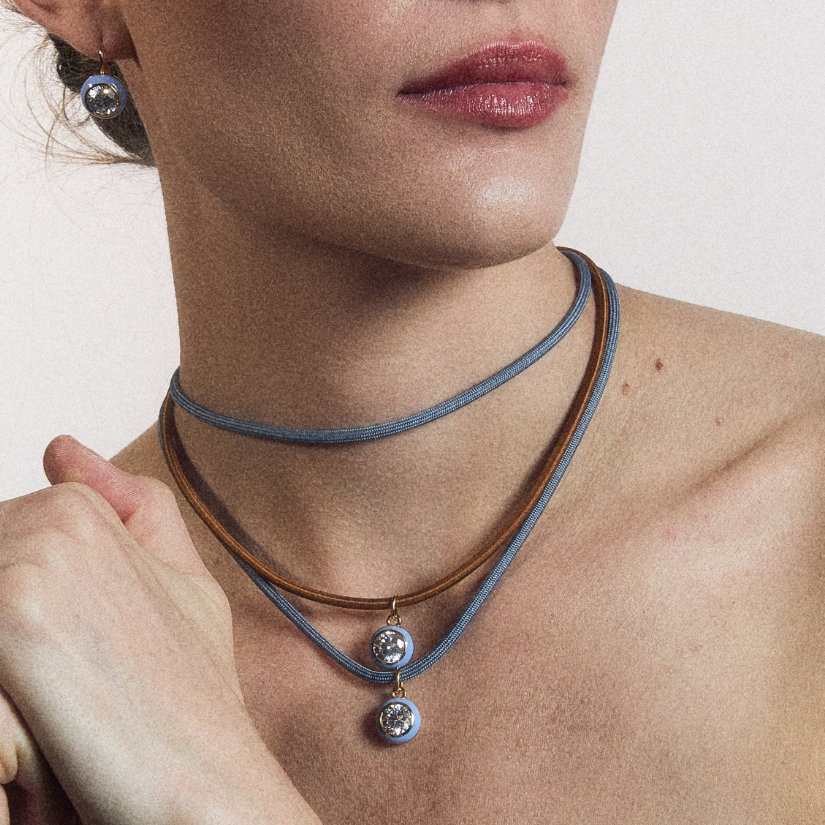 Bezel Clasp Cord Necklace, Slate Blue Cord Necklace