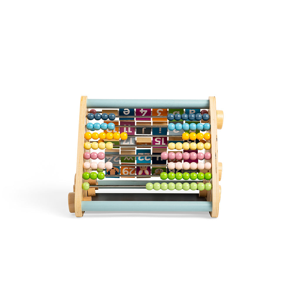 Front view of Triangular Activity Centre showcasing colorful abacus beads and number blocks with a white background