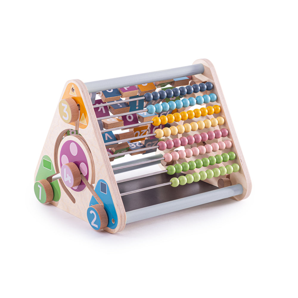 Three-quarter view of Triangular Activity Centre showcasing abacus beads, number blocks, and chalkboard with white background