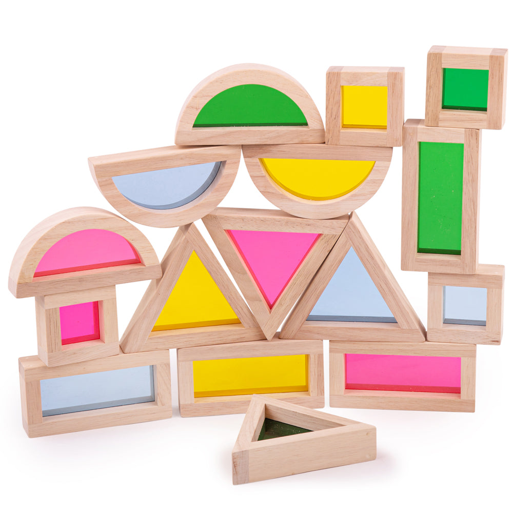Front view of wooden Natural Sensory Shapes blocks with bright translucent colored panes on white background