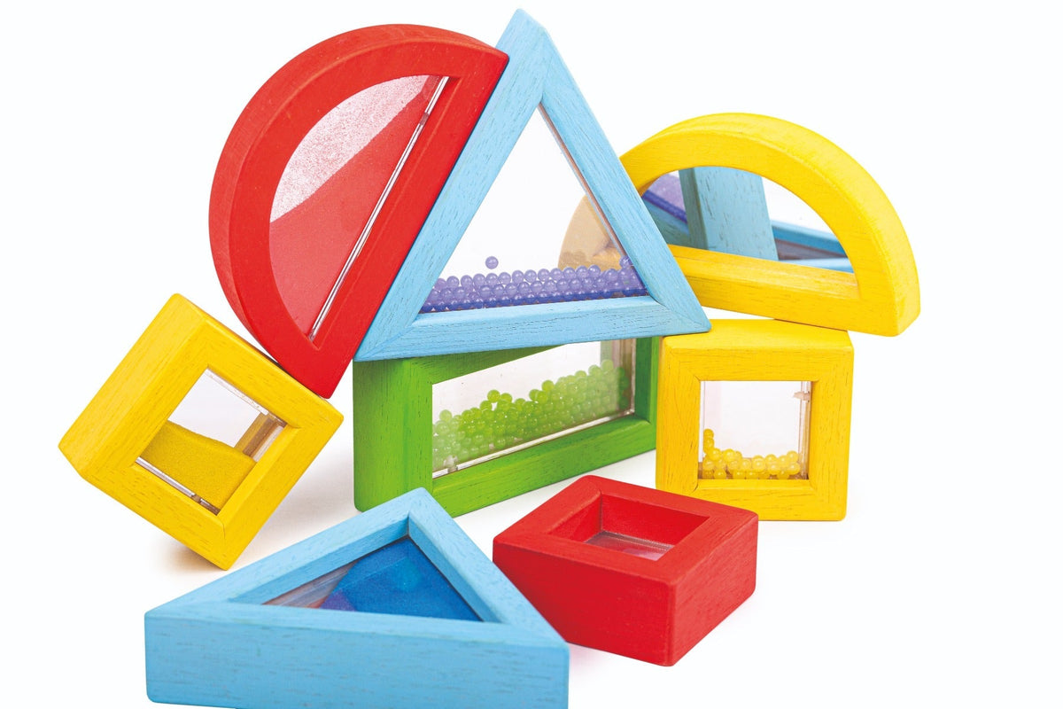Front view of Rainbow Sensory Shapes showcasing colorful geometric frames, clear windows, and inner beads on a white background