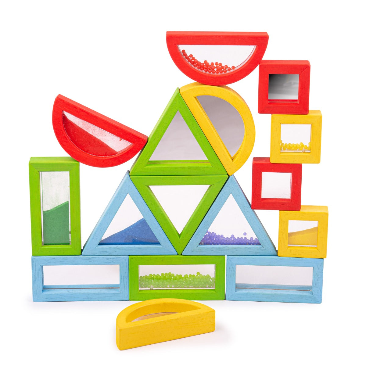 Front view of Rainbow Sensory Shapes showcasing colorful geometric pieces with beads inside on a white background