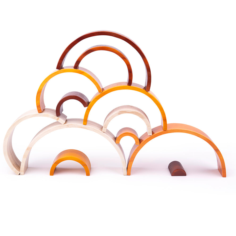 Front view of Natural Wooden Stacking Rainbow - Large showcasing seven warm-toned wooden arches on a white background