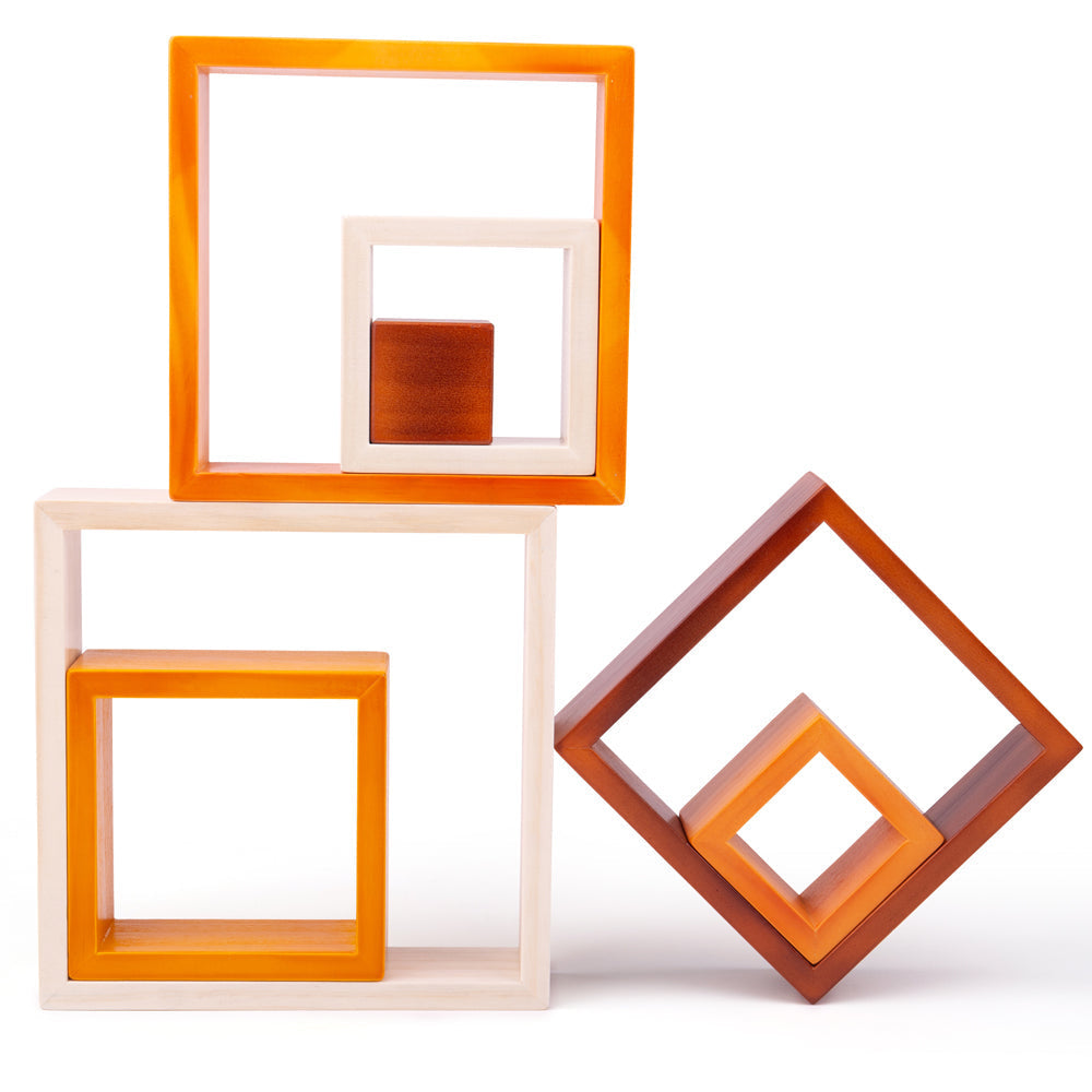 Front view of Natural Wooden Stacking Squares showcasing seven stacking squares in soft warm hues on a white background