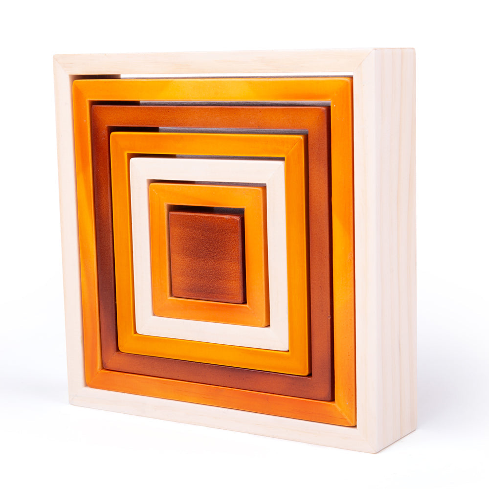 Front view of Natural Wooden Stacking Squares showcasing seven nested squares in warm hues against a white background