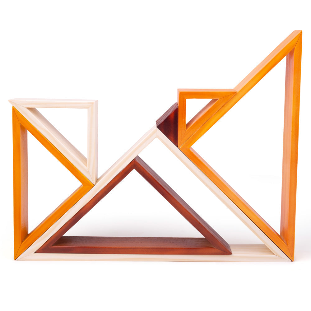 Front view of Natural Wooden Stacking Triangles showcasing seven warm-hued wooden triangles on a white background
