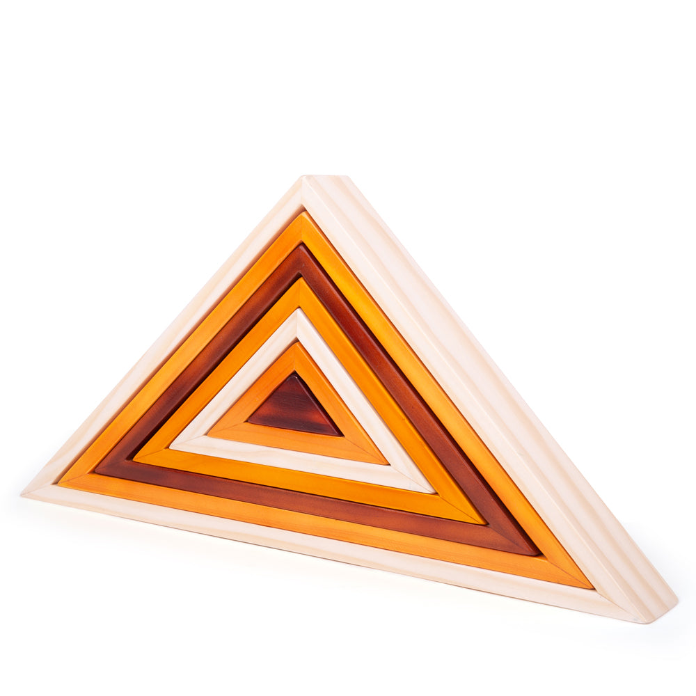 Front view of Natural Wooden Stacking Triangles showcasing seven nested triangular rings in warm natural hues against a white background