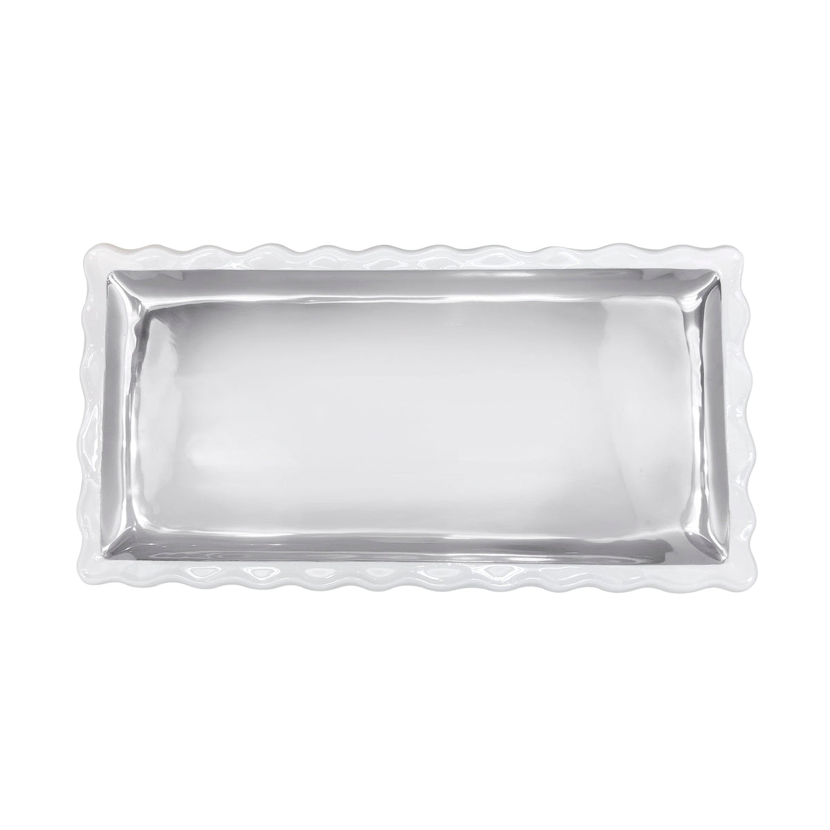 Top-down view of Mariposa white wavy tray showing scalloped rim and polished silver interior on white background