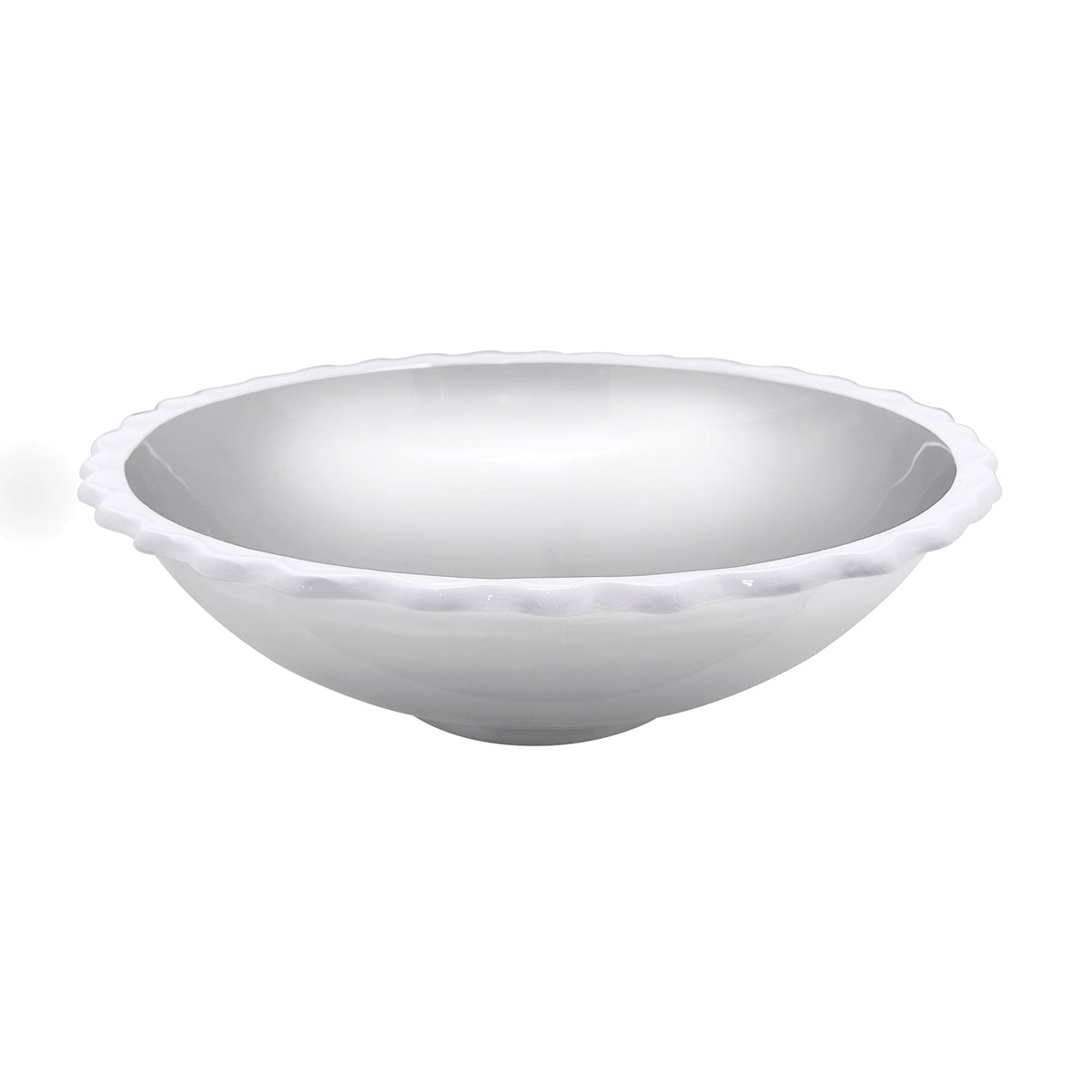 Front three-quarter view of Mariposa white wavy serving bowl showing scalloped rim and shallow interior on white background