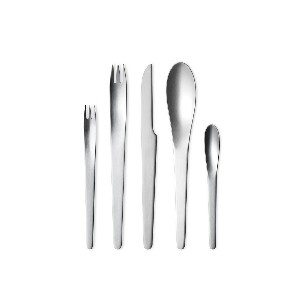 Front view of Arne Jacobsen Cutlery Giftbox, Set of 5 showcasing five matte stainless steel utensils with a white background