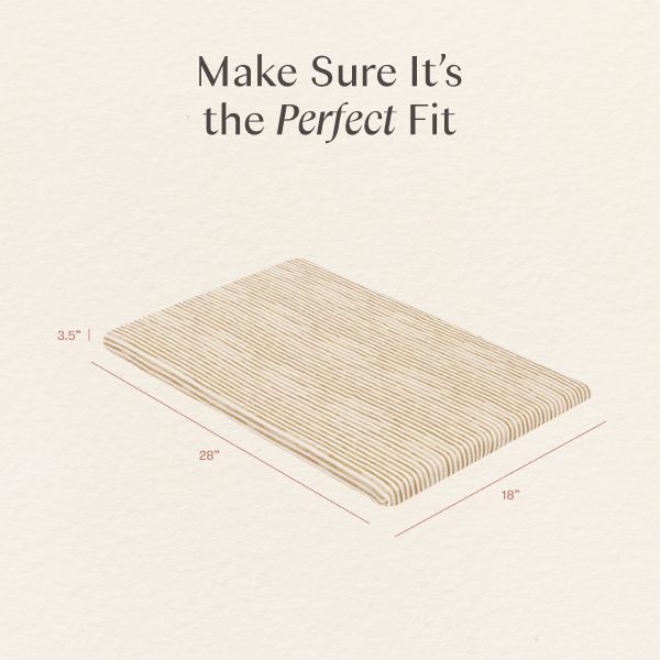 Angled view of All-Stages bassinet sheet in Autumn Stripe with 27 by 18 by 2 inch markings Make Sure Its the Perfect Fit