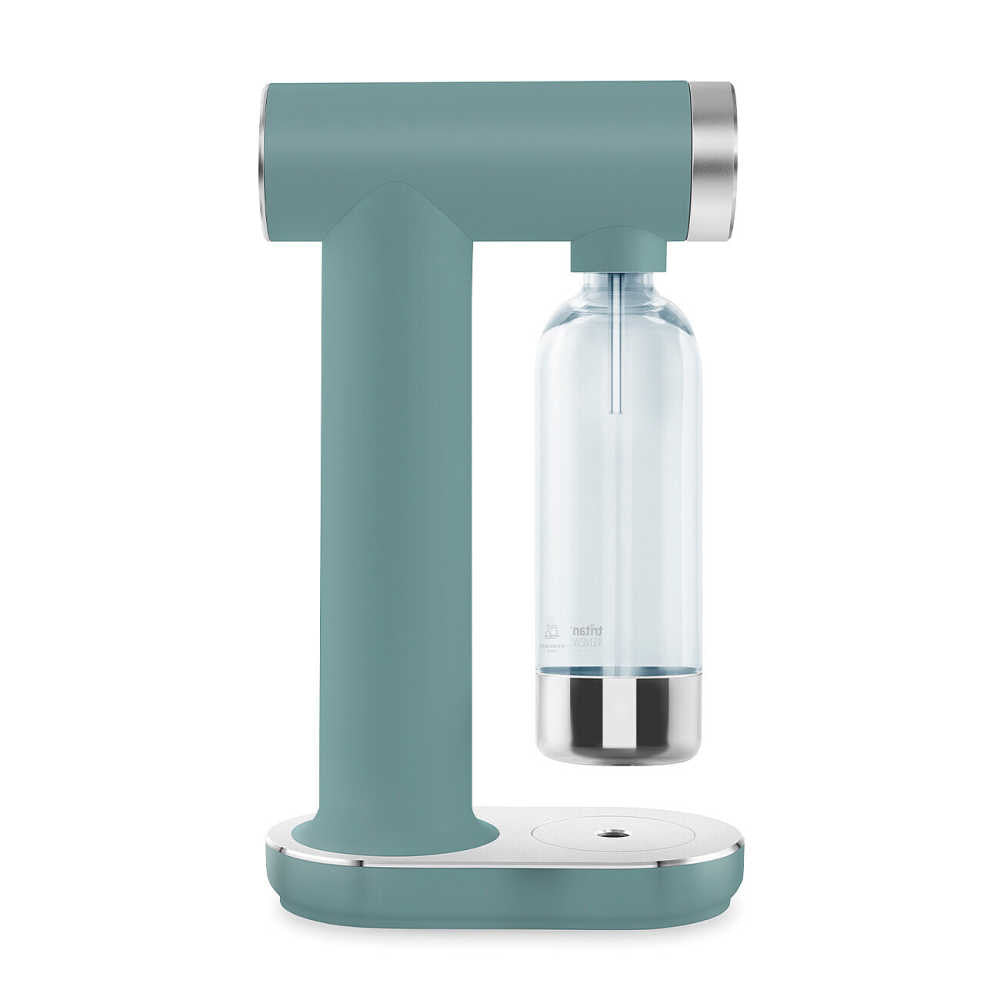 Front view of SMEG Sparkling Water Maker in emerald green showcasing attached Tritan Renew bottle on white background