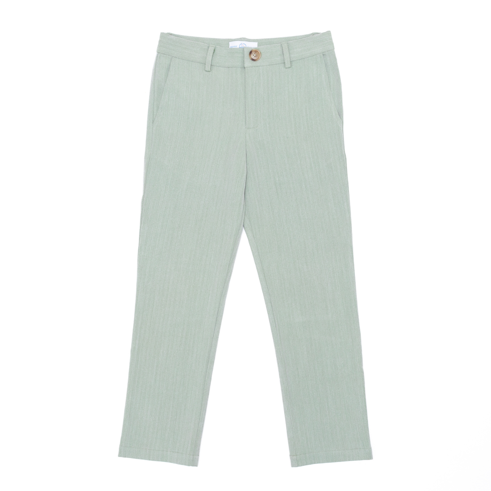 Front view of Bradford trousers in sage green herringbone showing tapered leg, slanted front pockets, belt loops, and single button on white background