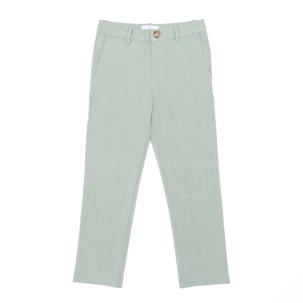 Henry Duvall Bradford Trousers for boys in sage green herringbone, classic fall and winter pants with elastic back, heirloom-inspired English heritage style
