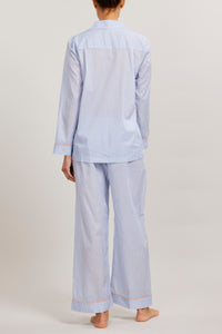 Long Sleeve PJ Set in Chambray Stripe Piped in Coral
