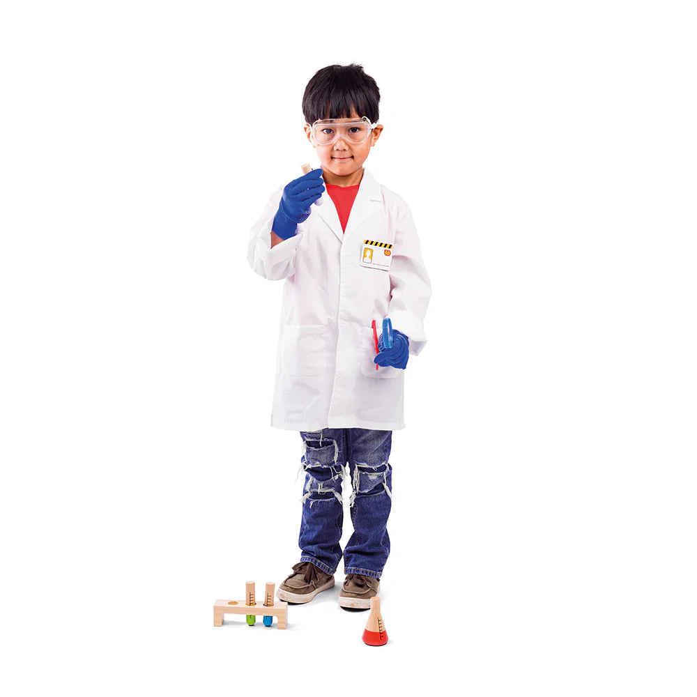 Front view of Scientist Dress Up costume with a white lab coat, safety goggles and wooden test tubes on a white background