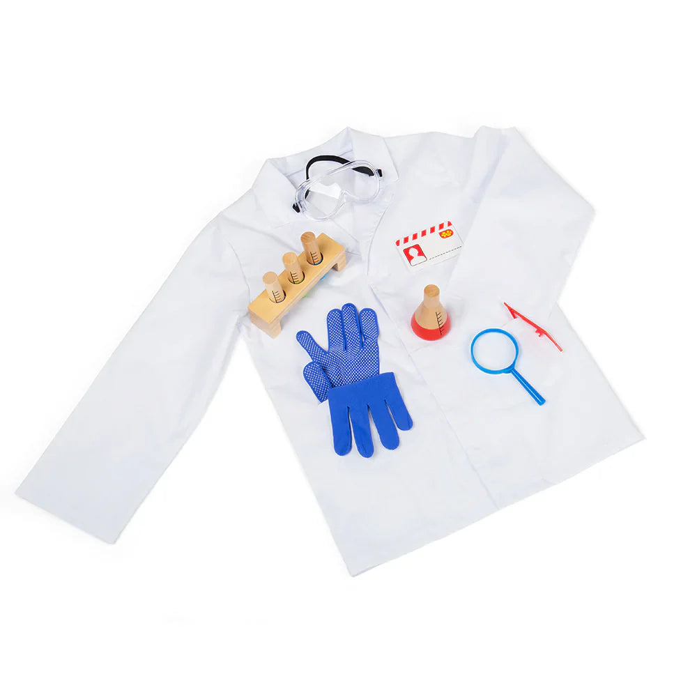 Top view of Scientist Dress Up costume with white lab coat, goggles, magnifying glass and test tubes on white background