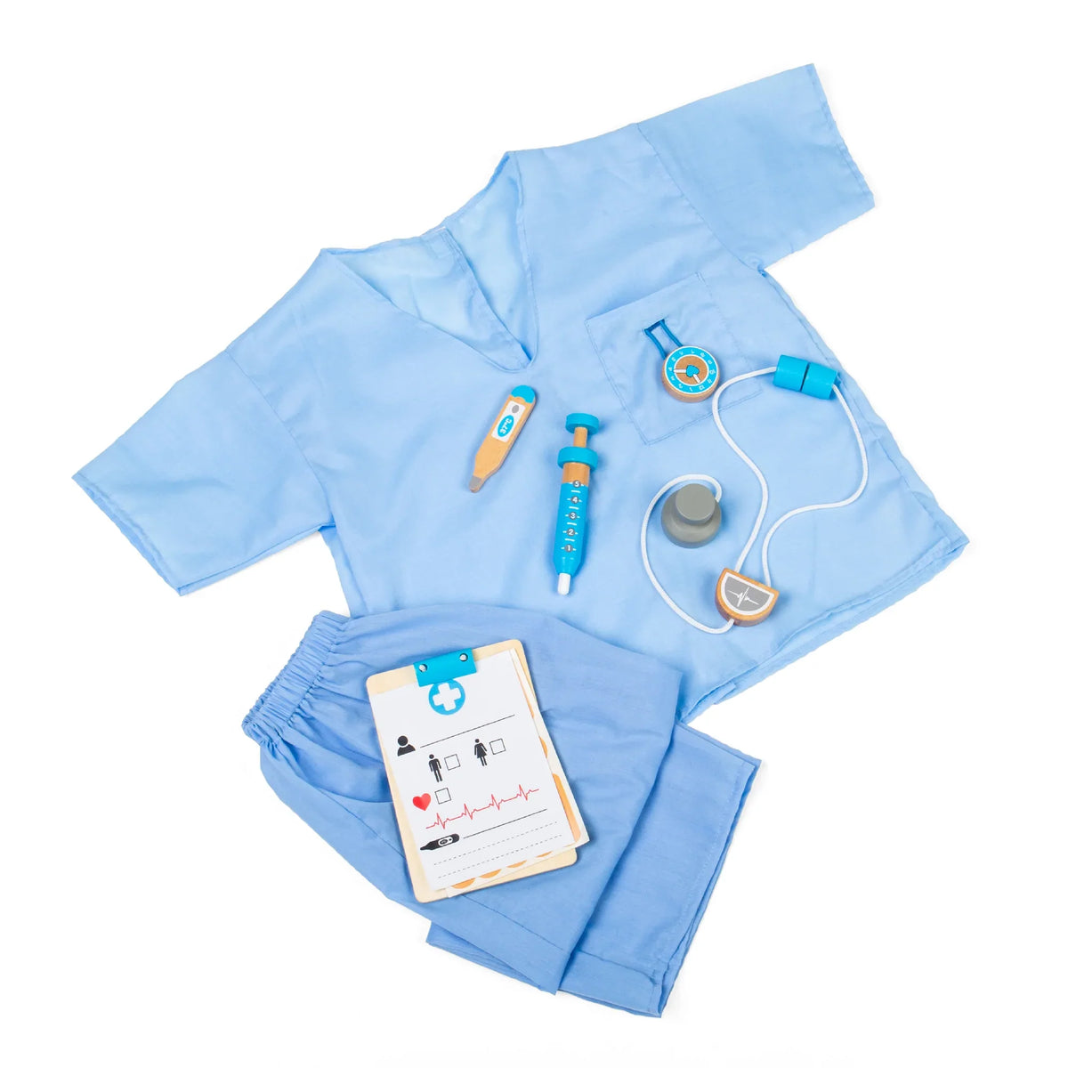 Top-down view of Medic Dress Up showcasing blue scrubs with wooden stethoscope, clipboard, thermometer, pocket watch and syringe on white