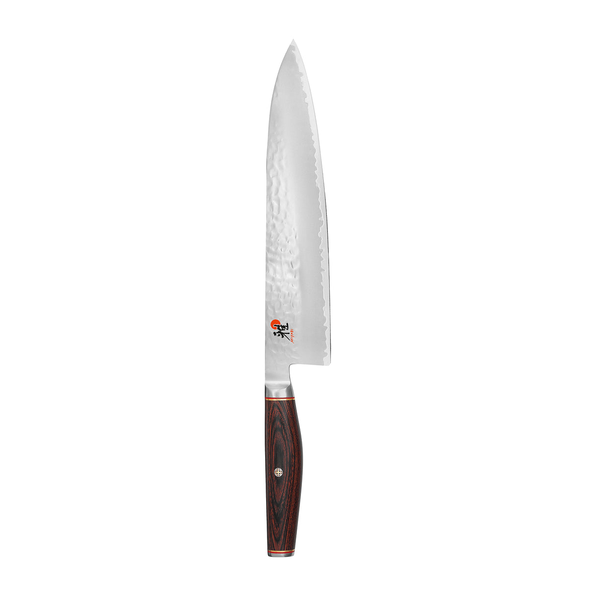 Front view of Artisan 9.5-inch Chef’s Knife showcasing hammered Tsuchime finish and Cocobolo handle on white background