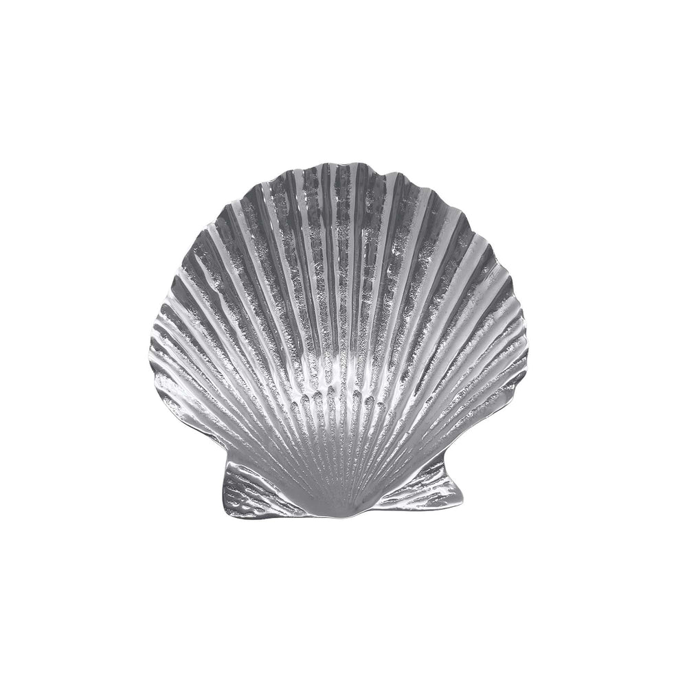 Front view of scallop trinket dish showcasing silver metallic finish and ridged shell texture on white background