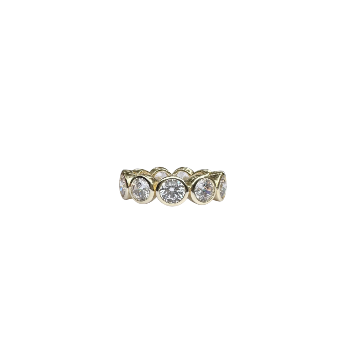 Front view of Grand Blanc Bezel Band showcasing multiple round bezel-set stones with a white background