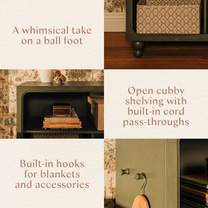 Astre Assembled Bookcase collage with whimsical ball foot, open cubbies with cord pass-throughs, and built-in hooks