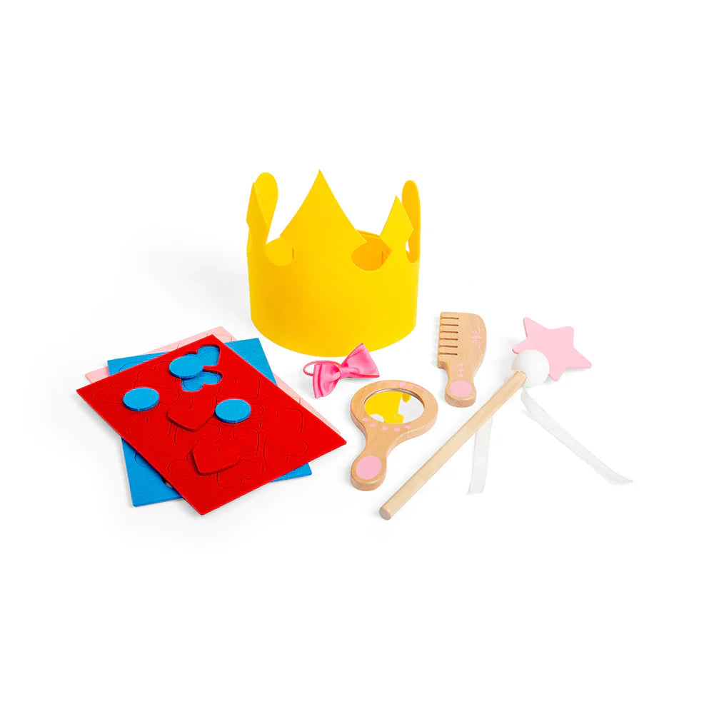 Front view of Princess Dress Up set showcasing a crown, mirror, comb, bow, and star wand on a white background