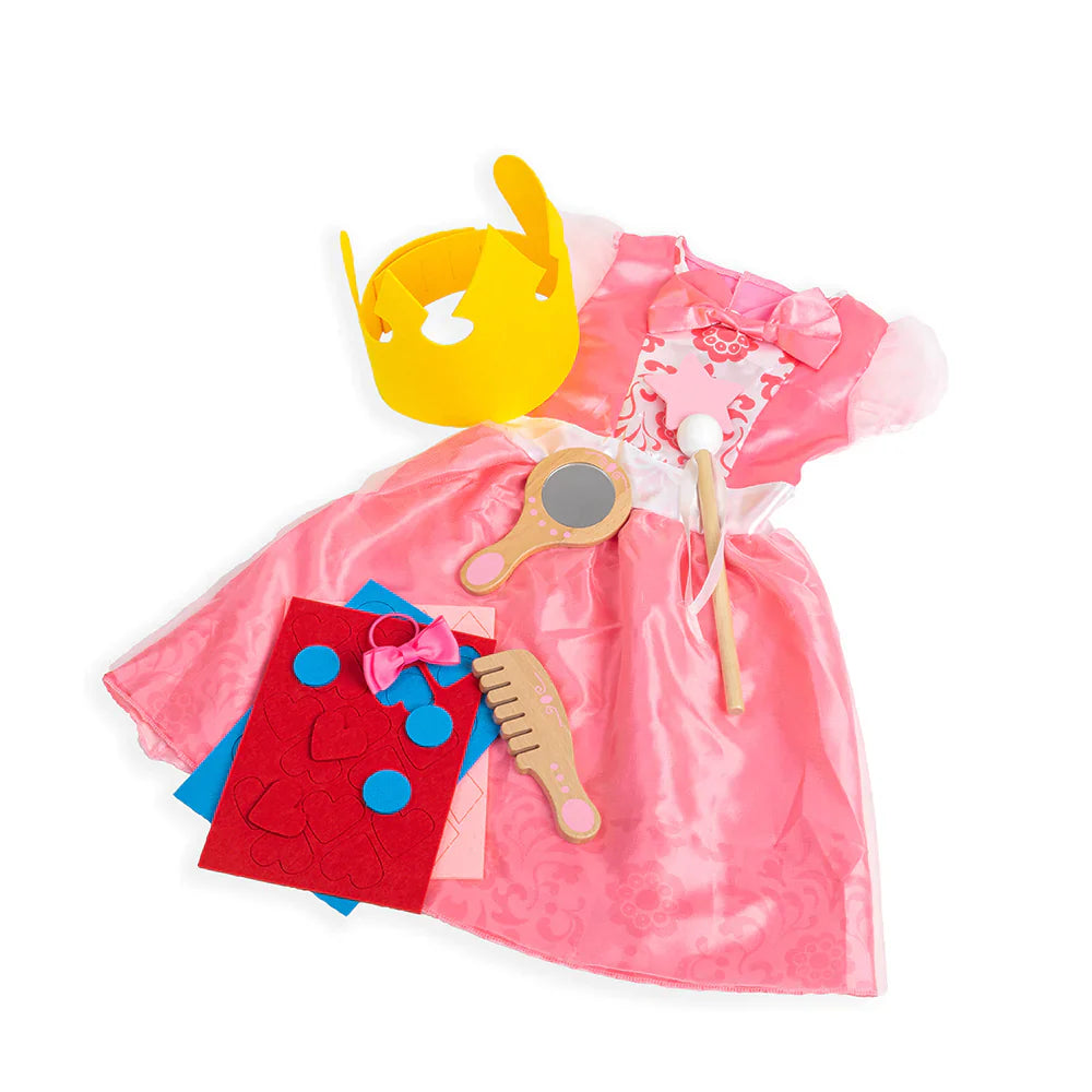 Top view of Princess Dress Up costume showcasing pink dress and included crown, gloves, mirror, comb, and wand on white background