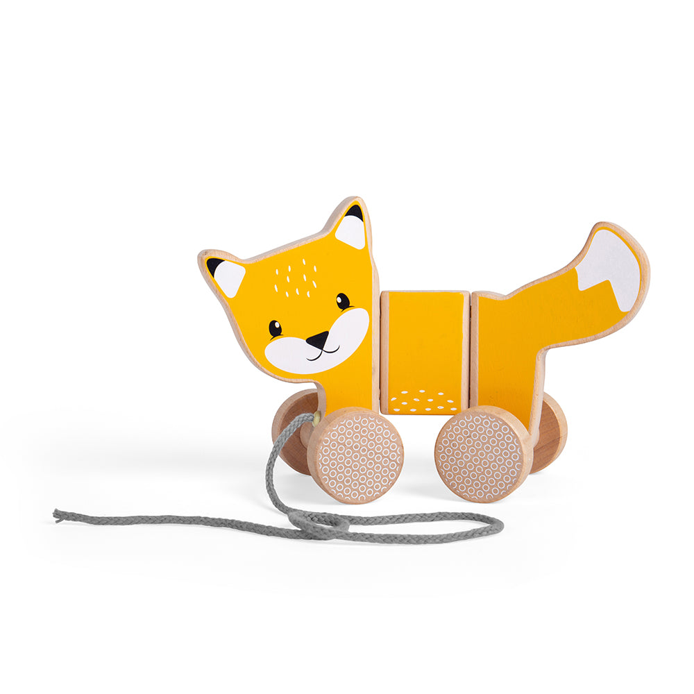 Side view of Pull Along Fox showcasing bright orange wooden body and four geometric wheels with grey pull cord on white background