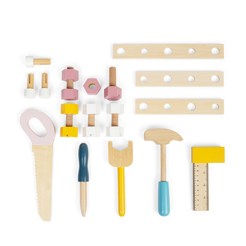 Top view of Tool Bench accessories showcasing saw, spanner, hammer, file, nuts and bolts, and ruler on white background
