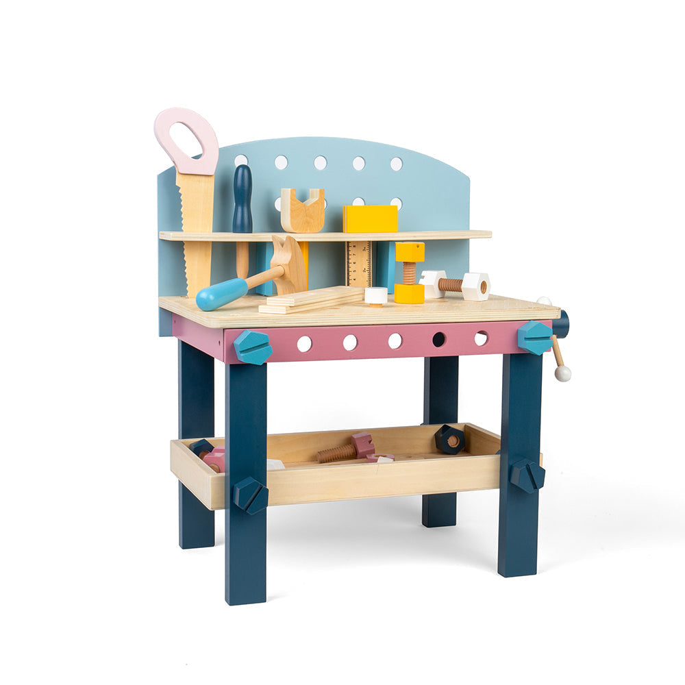 Front view of wooden Tool Bench showcasing a saw, hammer, spanner, file, and nuts and bolts on white